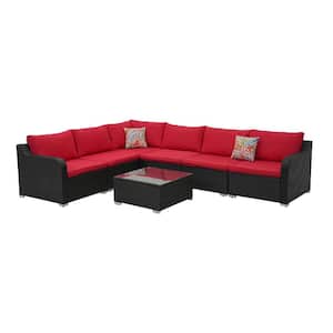 7-Piece Wicker Patio Furniture Set, Outdoor Sectional Sofa Set All Weather Patio Furniture Set with Red Cushions
