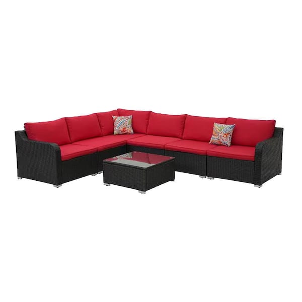 Sudzendf 7-Piece Wicker Patio Furniture Set, Outdoor Sectional Sofa Set All Weather Patio Furniture Set with Red Cushions