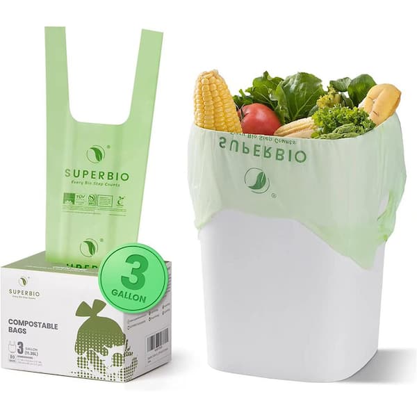 SUPERBIO 3 Gal. Compostable Trash Bags with Handle, Eco-Friendly for Food Scraps (80-Count)