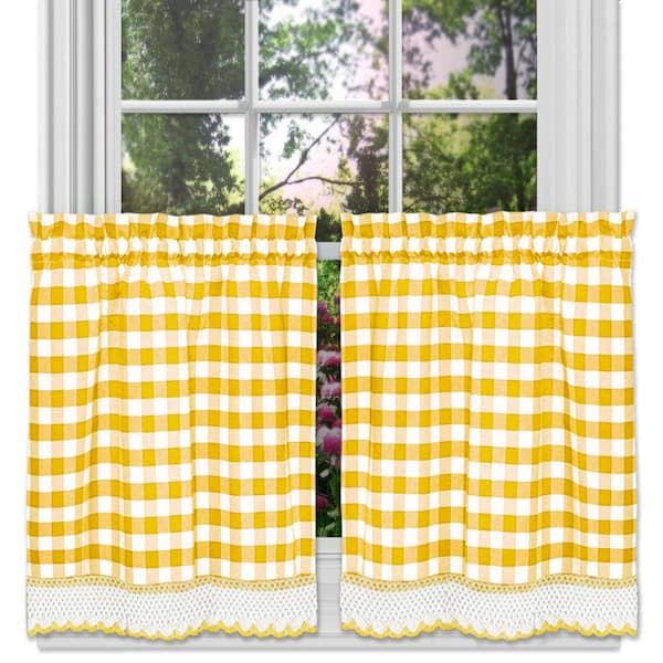 ACHIM Buffalo Check Yellow Polyester/Cotton Light Filtering Rod Pocket Curtain Tier Pair 58 in. W x 24 in. L