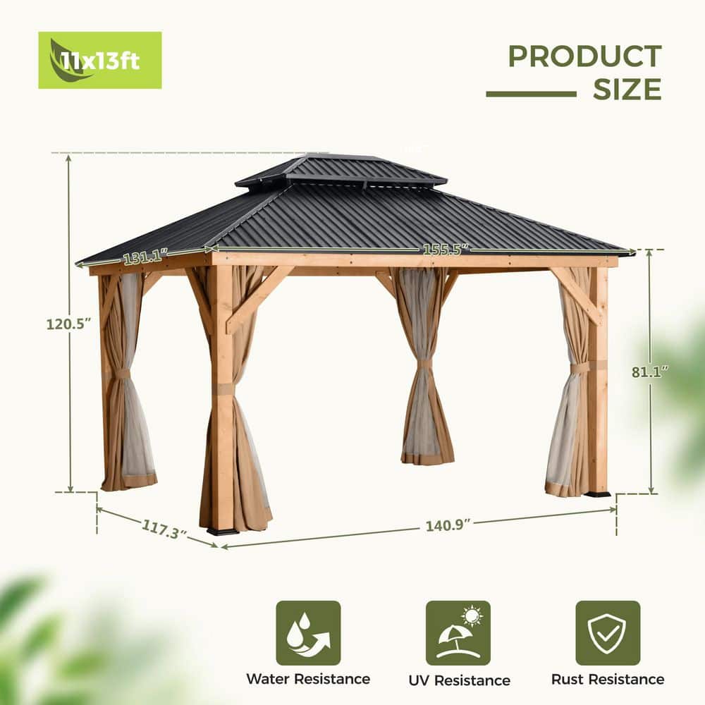 11' x 13' Black Metal Roof Wood Patio Gazebo