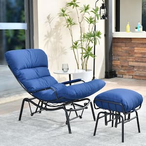 Mono Metal Patio Lounge Outdoor Rocking Chair with an Ottoman and Navy Blue Cushions