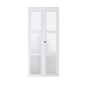 36 in. x 80.5 in. 3-Lite Tempered Frosted Glass Solid Core White Finished Bi-Fold Door with Hardware