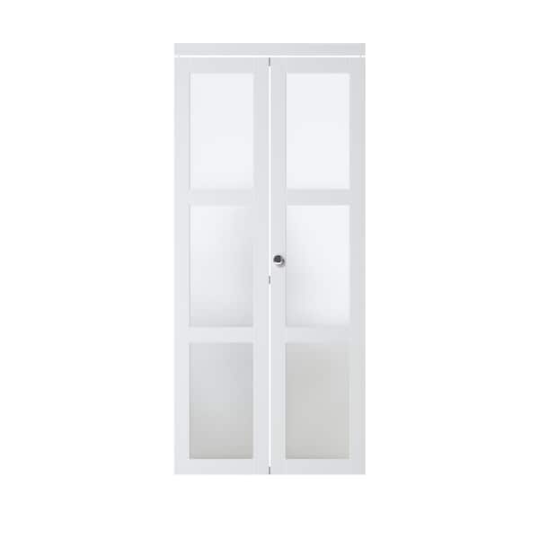 ARK DESIGN 36 in. x 80.5 in. 3-Lite Tempered Frosted Glass Solid Core White Finished Bi-Fold Door with Hardware