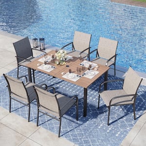 Black 7-Piece Metal Outdoor Patio Dining Set with Wood Finish Rectangle Table and Brown Textilene Chairs