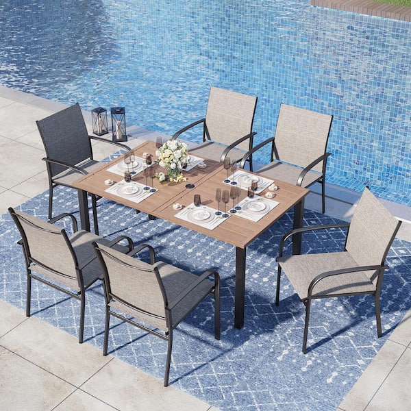 PHI VILLA Black 7-Piece Metal Outdoor Patio Dining Set with Wood-Look Rectangle Table and Brown Textilene Chairs