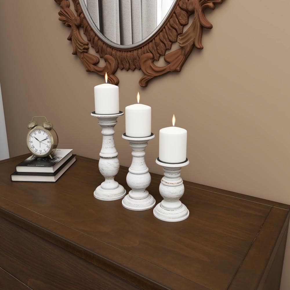 Set of 3 White Distressed Wood Pillar Candle Holders
