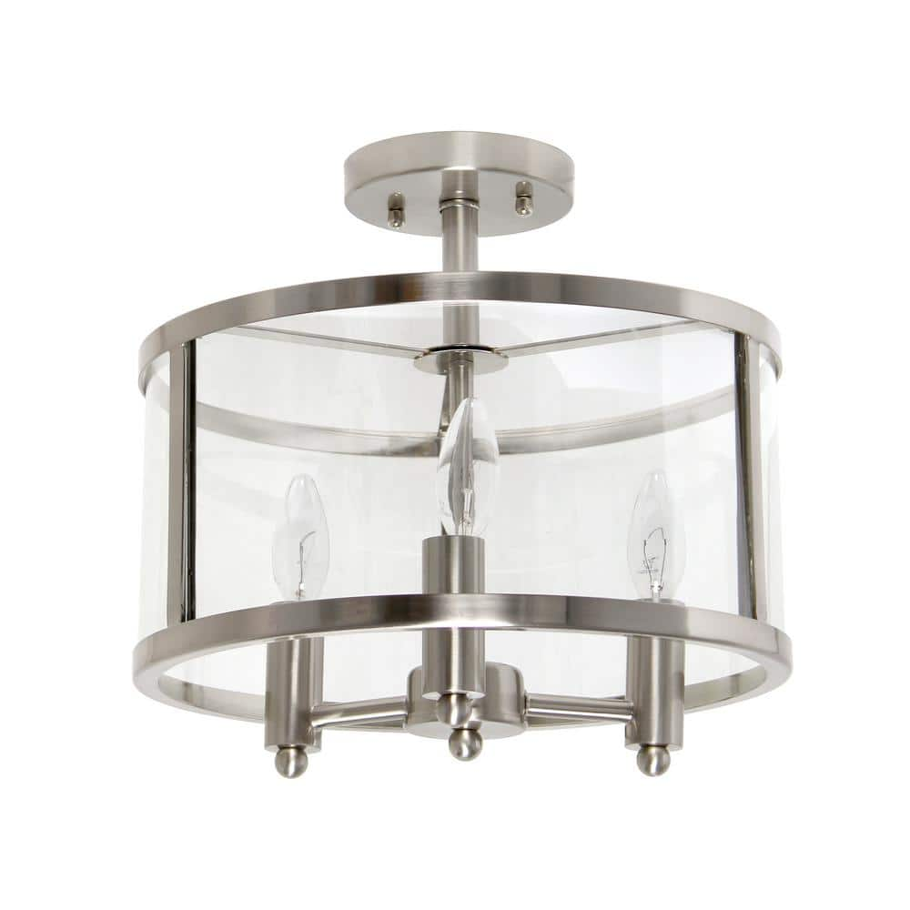 Elegant Designs 13 In. 3-light Brushed Nickel Iron And Glass Shade 