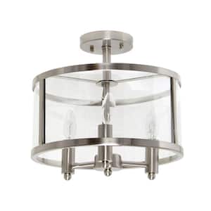 13 in. 3-Light Brushed Nickel Iron and Glass Shade Industrial Ceiling Mounted Round Semi-Flush Mount