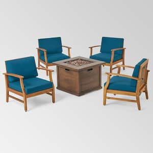 Havana Teak Brown 5-Piece Wood Patio Fire Pit Seating Set with Blue Cushions