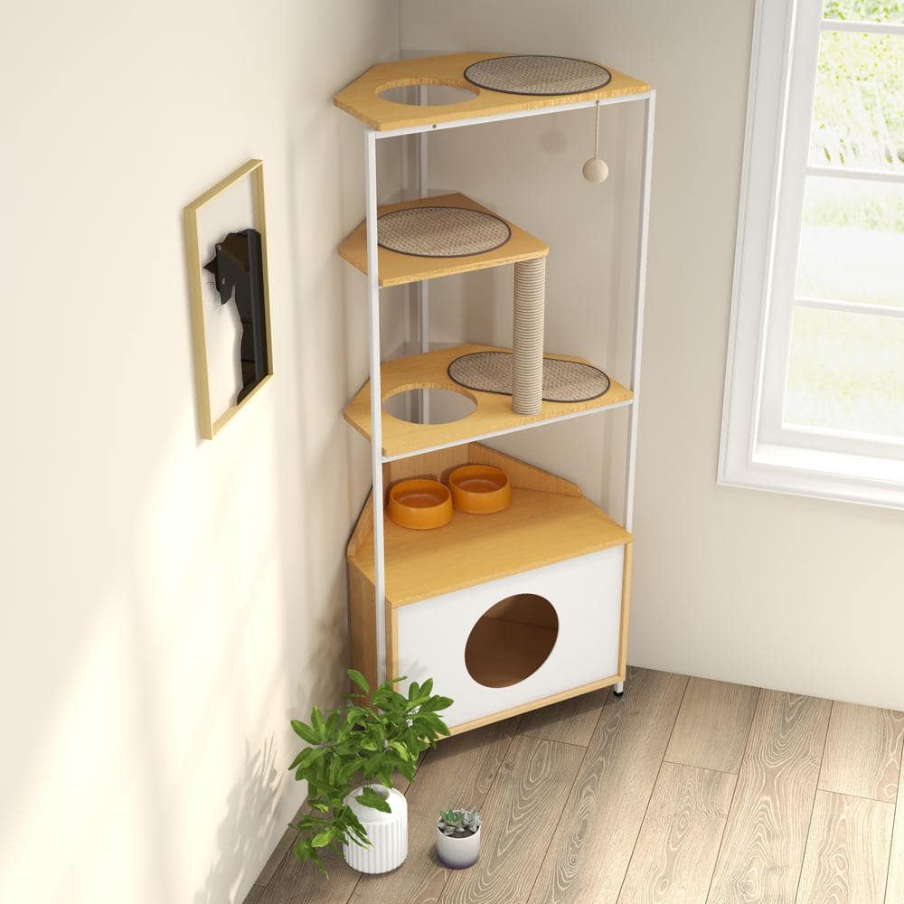 Corner Cat Tower with Scratching Post and Feeding Station