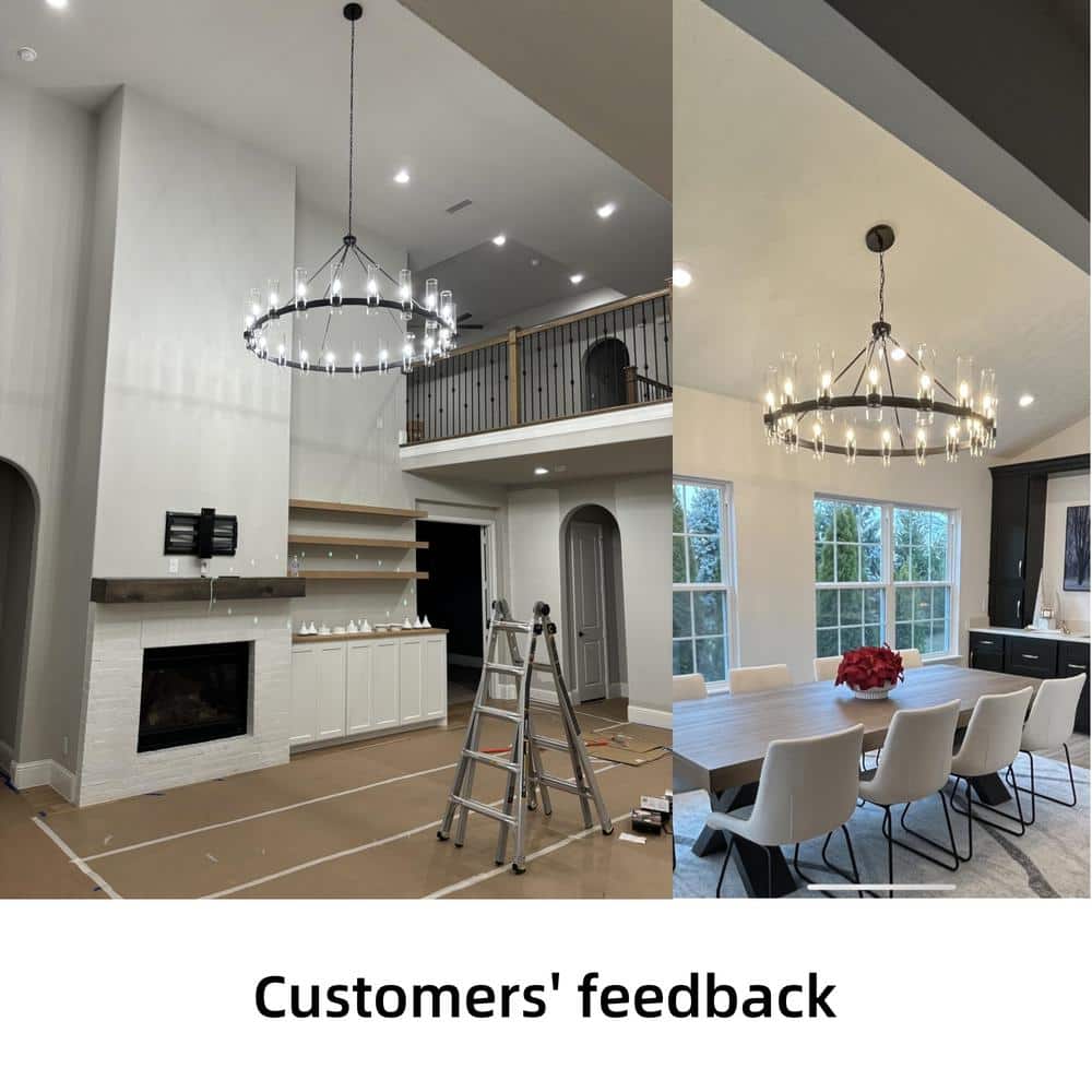 60-Inch Black Metal Wagon Wheel Chandelier with Clear Glass Shades