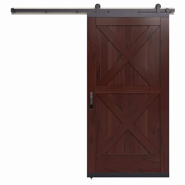 JELD-WEN 42 in. x 80 in. Karona Crossbuck Spice Stained Rustic Walnut Wood Sliding Barn Door with Hardware Kit