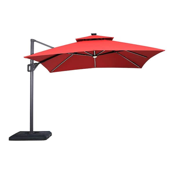 Jules Square 10 ft. Steel Roma Cantilever Solar LED Tilt 360 Patio Umbrella in Red