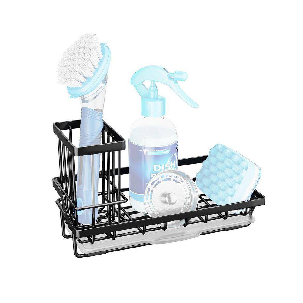 Black Stainless Steel Kitchen Sink Caddy Organizer with Removable Drip Tray Dish Soap Brush Holder Storage