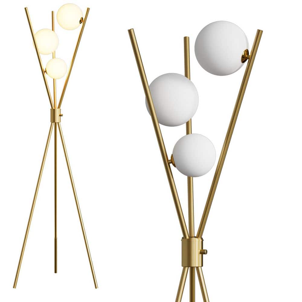 62 in. Gold Tripod 3-Lights Floor Lamp For Living Room with Globe Frosted P