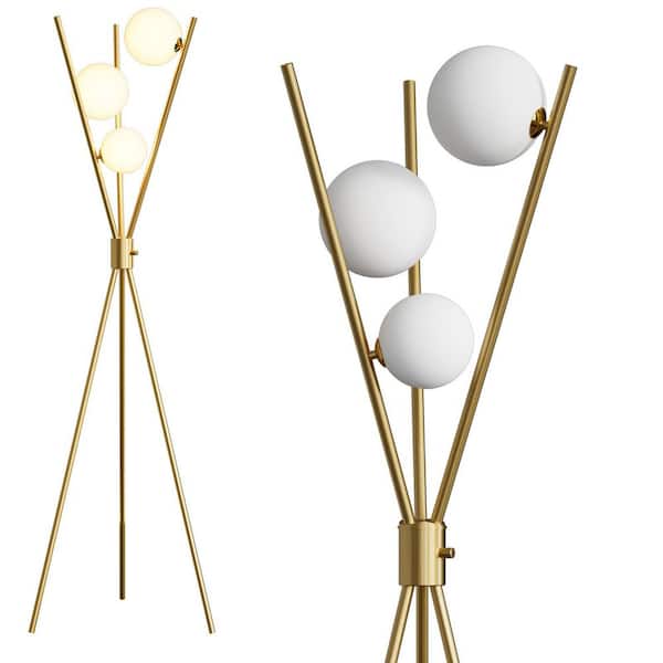 bulbeats 62 in. Gold Tripod 3-Lights Floor Lamp For Living Room with Globe Frosted PC Spherical Shade