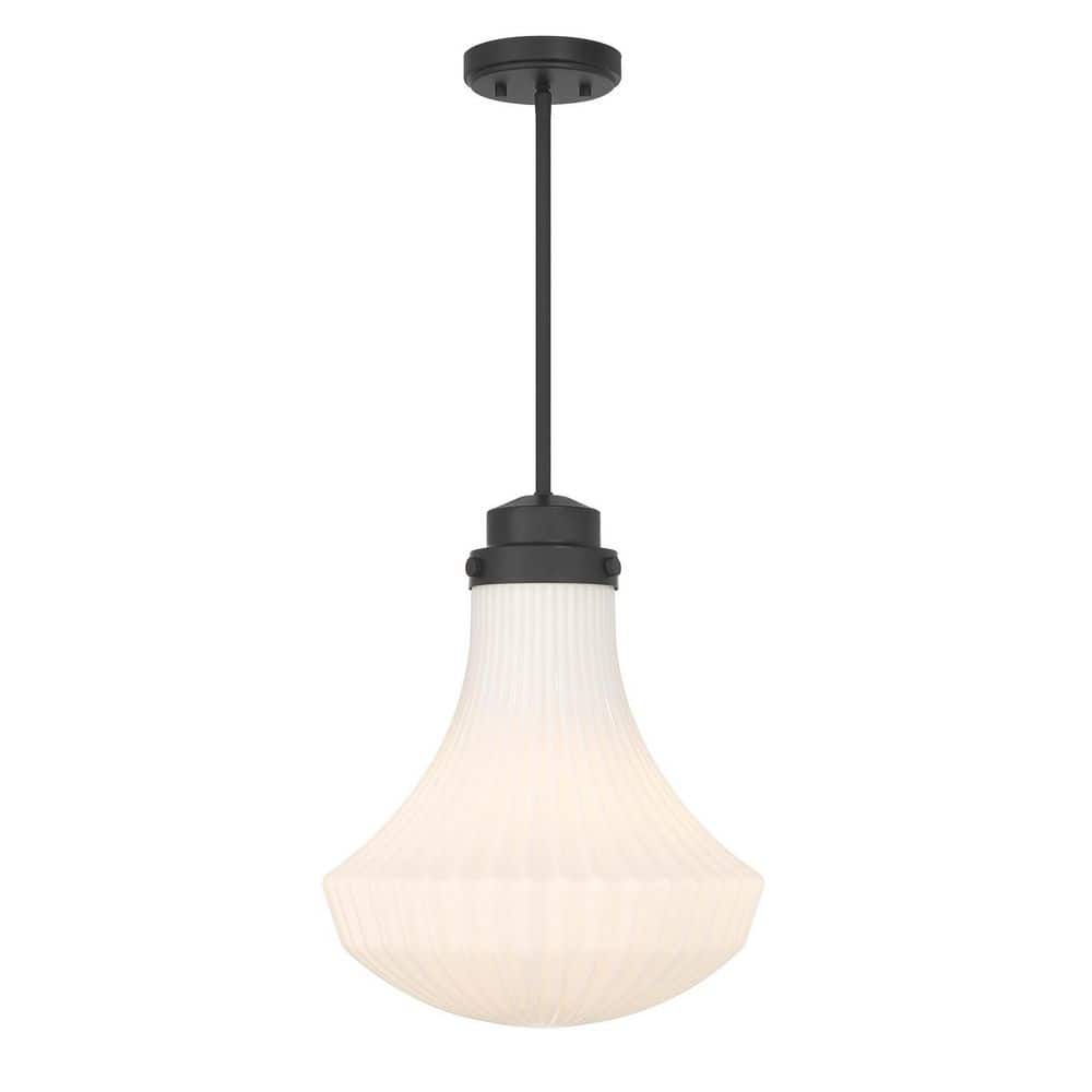 Bartlet 60-Watt 14 in. W x 17 in. H 1-Light Matte Black Vintage Dimmable Pendant Light with White Ribbed Glass Shade price history on PriceWatchPro