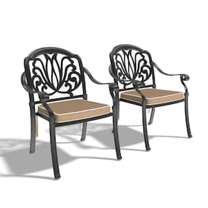 Black Stackable Cast Aluminum Patio Outdoor Dining Chairs with Random Color Seat Cushions (Set of 2)