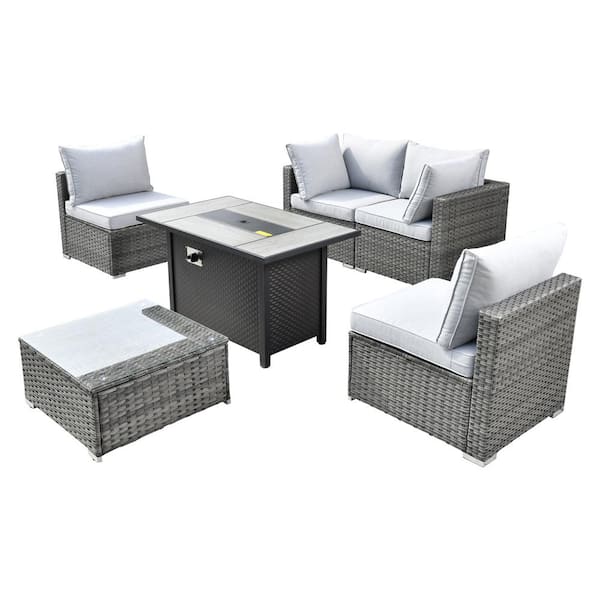 Sanibel Gray 6-Piece Wicker Outdoor Patio Conversation Sofa Sectional Set with a Metal Fire Pit and Light Gray Cushions