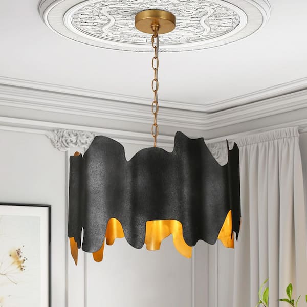Dracaena 4-Light Gold Leaf Geometric Chandelier with Textured Black Metal Shade, No Bulb Included