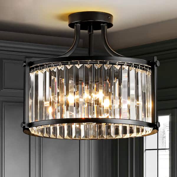 Arvin 14.76 in. W 4-Light Drum Shape Crystal Semi-Flush Mount Light, Modern Black Finish for Living Room, Dining Room