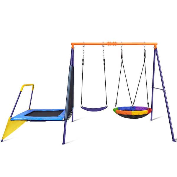 Steel Frame Outdoor Playset with Trampoline and Saucer Swing, 1 Set, Supports 440lbs, Meets CPSC Standards