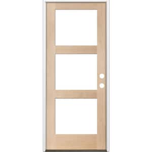 32 in. x 80 in. Modern Hemlock Left-Hand/Inswing 3-Lite Clear Glass Unfinished Wood Prehung Front Door