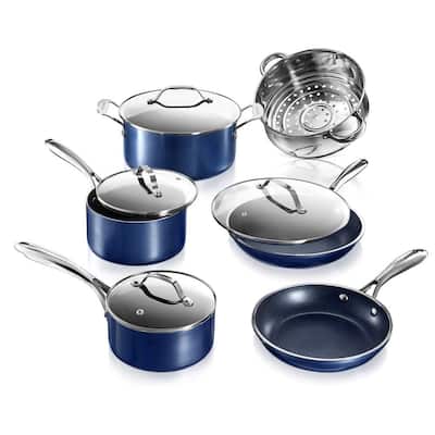 Classic Blue 10-Piece Aluminum Ultra-Durable Non-Stick Diamond Infused Cookware Set with Glass Lids