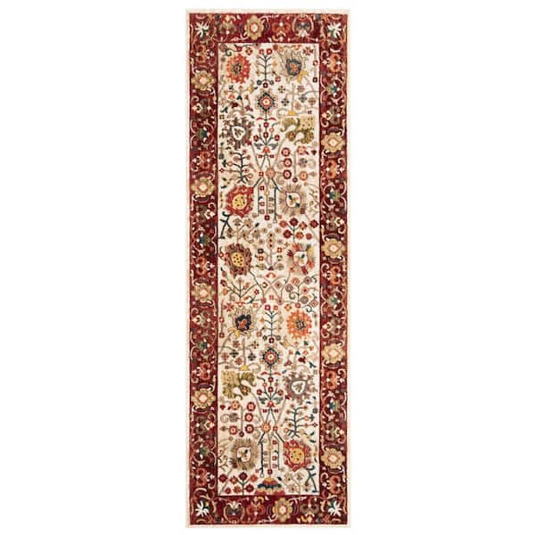 Kashan 3 ft. x 10 ft. Ivory/Red Floral Border Runner Rug
