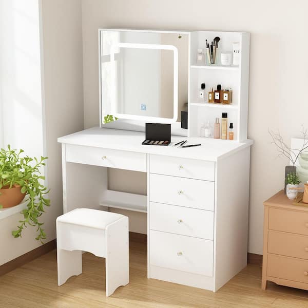 5-Drawers White Makeup Vanity Sets Dressing Table Sets with LED Dimmable Mirror, Stool and 3-Tier Storage Shelves