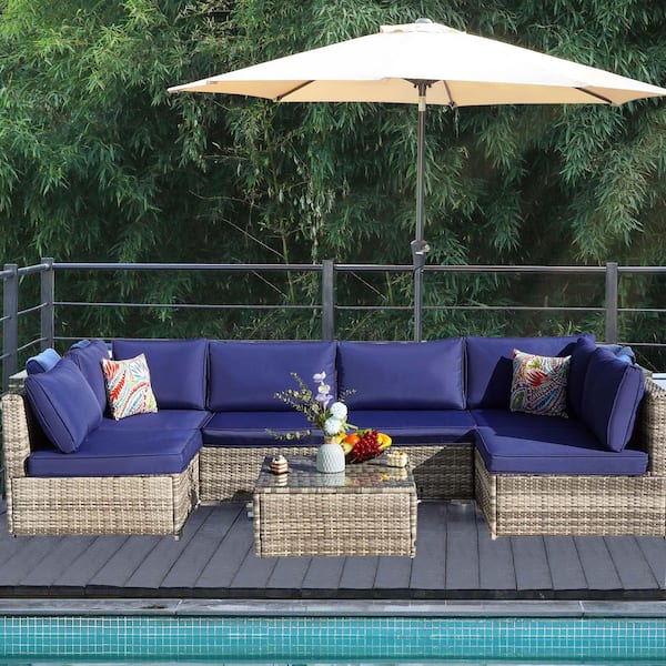 Sudzendf 8-Piece Wicker Patio Conversation Set, Sofa Set with Navy Blue Cushions, Glass Table and Fire Pit