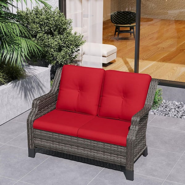 Brown Wicker Outdoor Patio Loveseat with Red Cushions