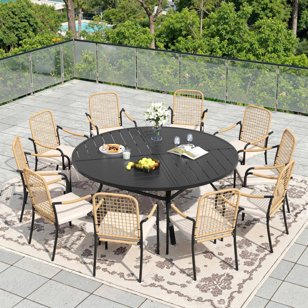11-Piece Metal Outdoor Dining Set with 59.8 in. Black Round Dining Table and 10 Wicker Dining Chairs with Beige Cushions price history on PriceWatchPro