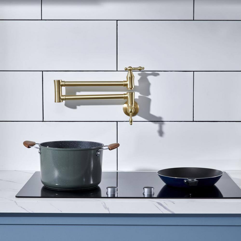 Brushed Gold Solid Brass Wall-Mounted Pot Filler Faucet
