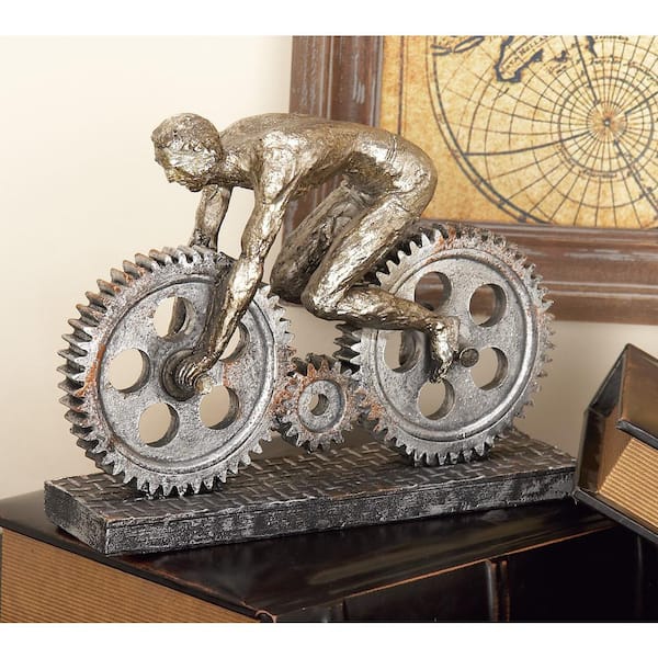 Silver Polystone People Sculpture with Bike