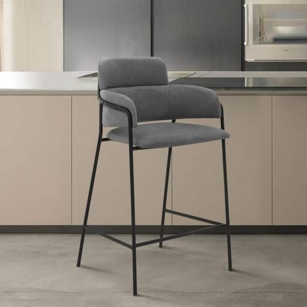 HomeRoots 26 in. Gray High Back Metal Bar Stool with Faux Leather Seat