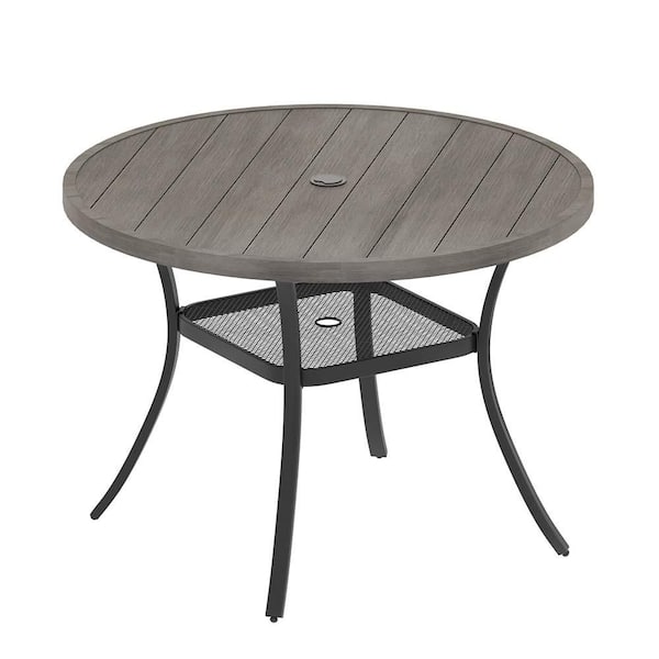 Gray Round Metal Outdoor Dining Table with Umbrella Hole and Storage Shelf for 4 People
