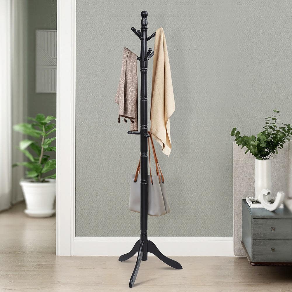 Adjustable Black Rubber Wood Coat Rack with 9 Hooks