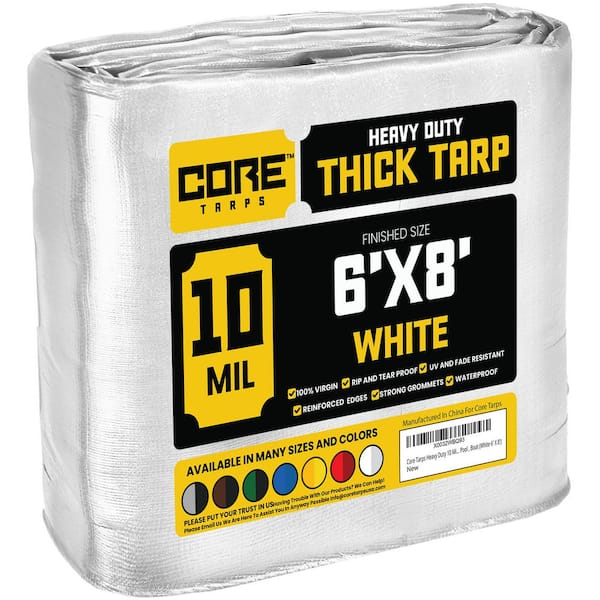 CORE TARPS 6 ft. x 8 ft. White 10 Mil Heavy Duty Polyethylene Tarp, Waterproof, UV Resistant, Rip and Tear Proof