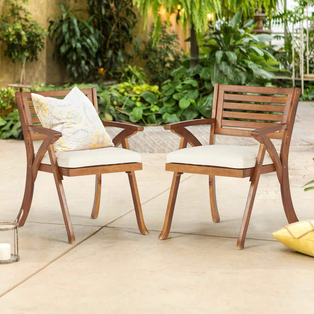 (Set of 2) Outdoor or Indoor Wooden Dining Chairs with Beige Cushions for G