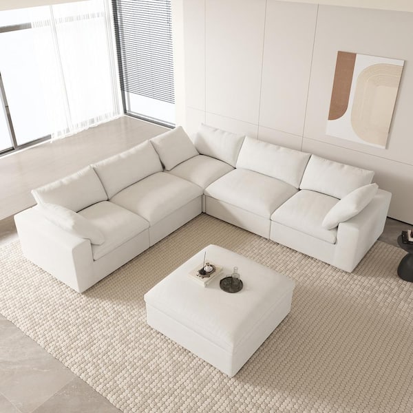 J&E Home 120.45 in. W Square Arm Linen 6-Piece Modular Free Combination Sofa with Storage Ottoman in White