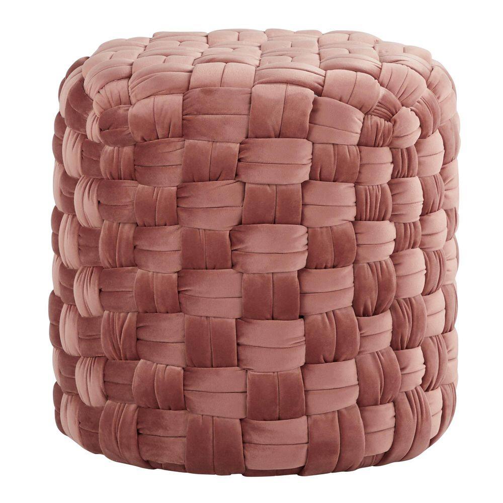 Lumisource 16 in. Braided Blush Pink Velvet Round Upholstered Ottoman