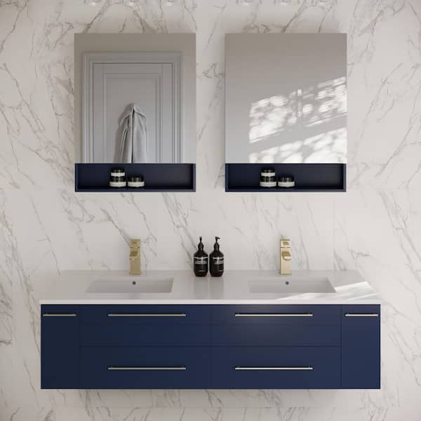Lucera 60 in. Double Sink Wall Mount Royal Blue Bath Vanity with White Quartz Top, Undermount Sinks & Medicine Cabinets