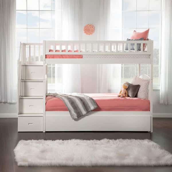 Westbrook White Twin Over Twin Staircase Bunk Bed with Twin Size Urban Trundle Bed