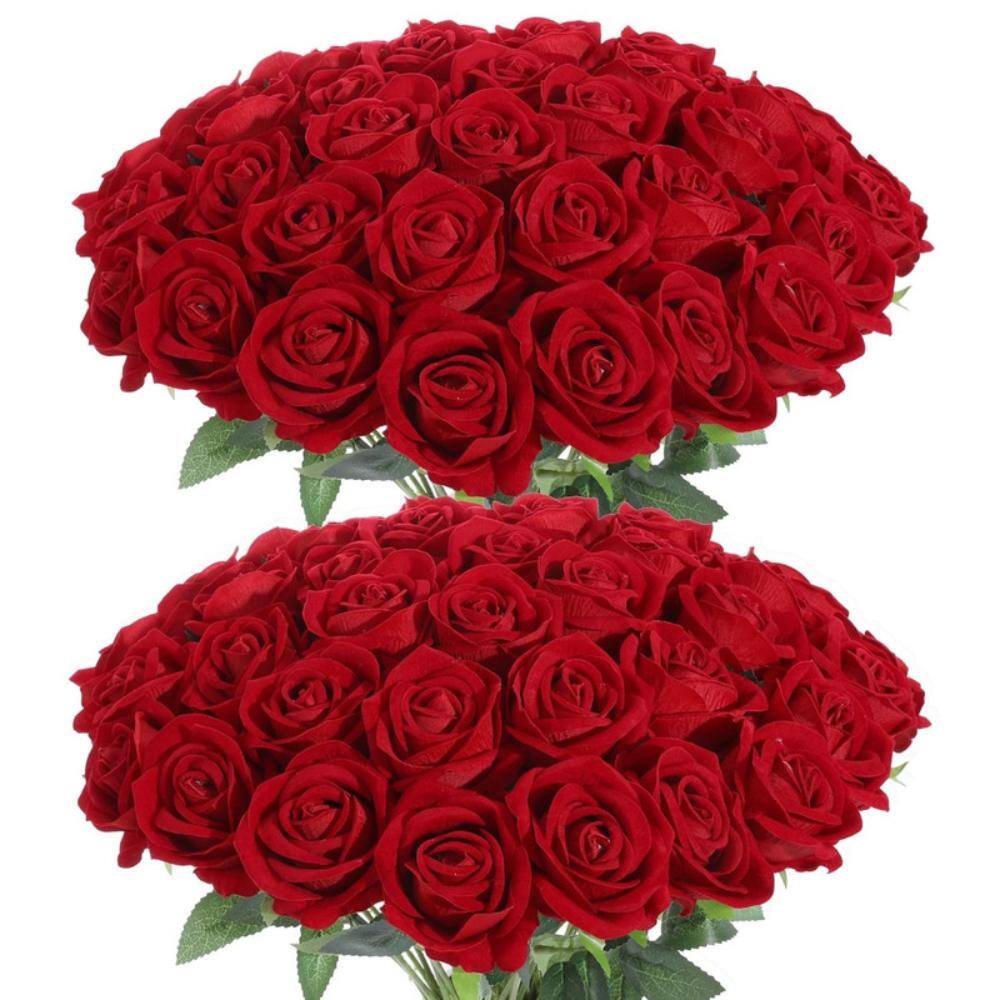 50Pack Red Pearl Artificial Roses,Velvet Silk Fake Flowers with Long Stems,Faux Roses for Home Wedding Decoration MKFOC36PS9-RE50