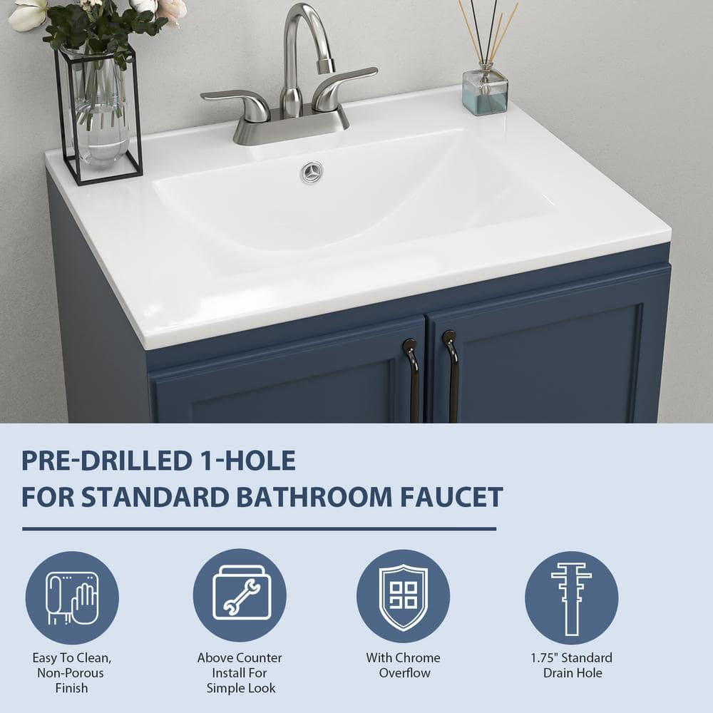 White Ceramic Rectangular Single Sink Vanity Top with 3 Faucet Holes