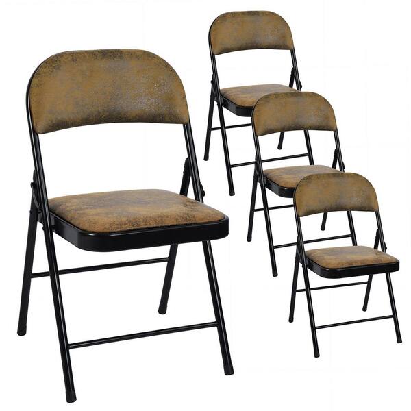 Homy Casa Fair Rustic Brown Metal Frame Suede Padded Seat Stackable Folding Chair（Set of 4）
