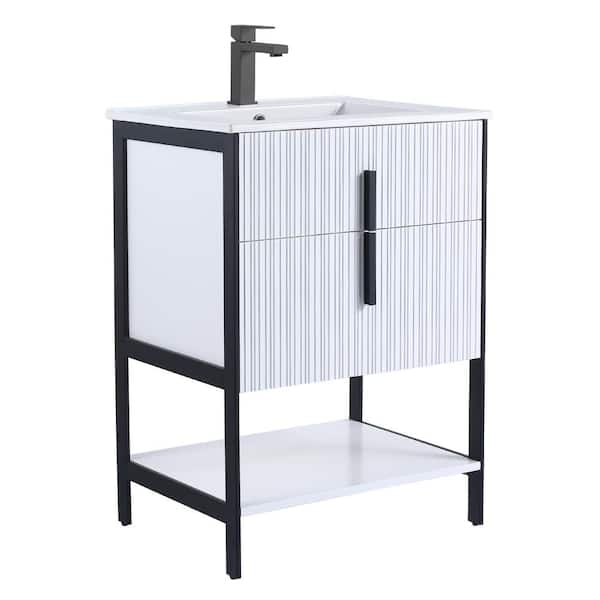 FINE FIXTURES 24 in. W x 18 in. D x 33.5 in. H White Bath Vanity Matte with Ceramic Sink Top in White with Black Hardware