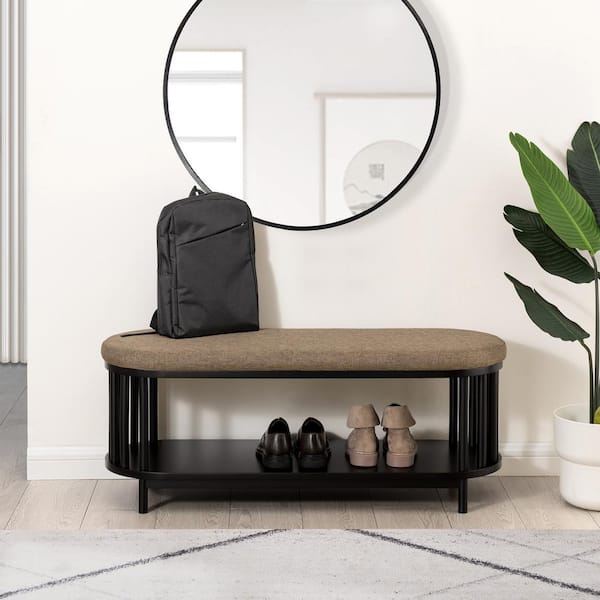 Welwick Designs 45 in. Black Wood Modern Oval Entry Bench with Lower Shelf